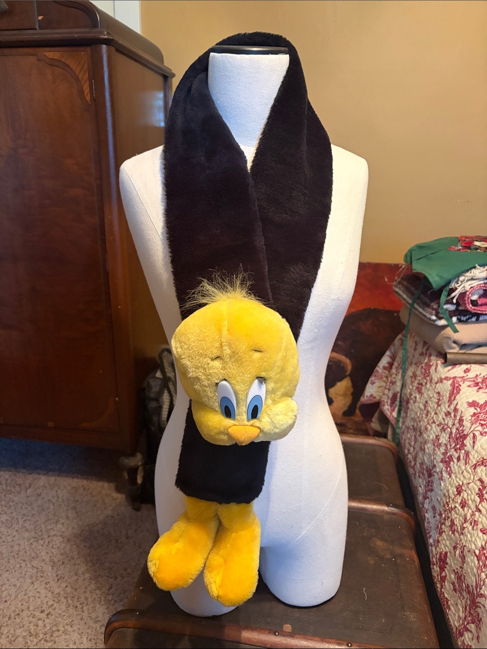 Warner Bros. Black Faux-Fur Scarf with Yellow Tweety Plush